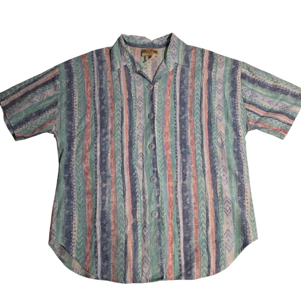 Vintage 90s Denim Republic Tribal Geometric Pastel Striped Button Up Shirt Large